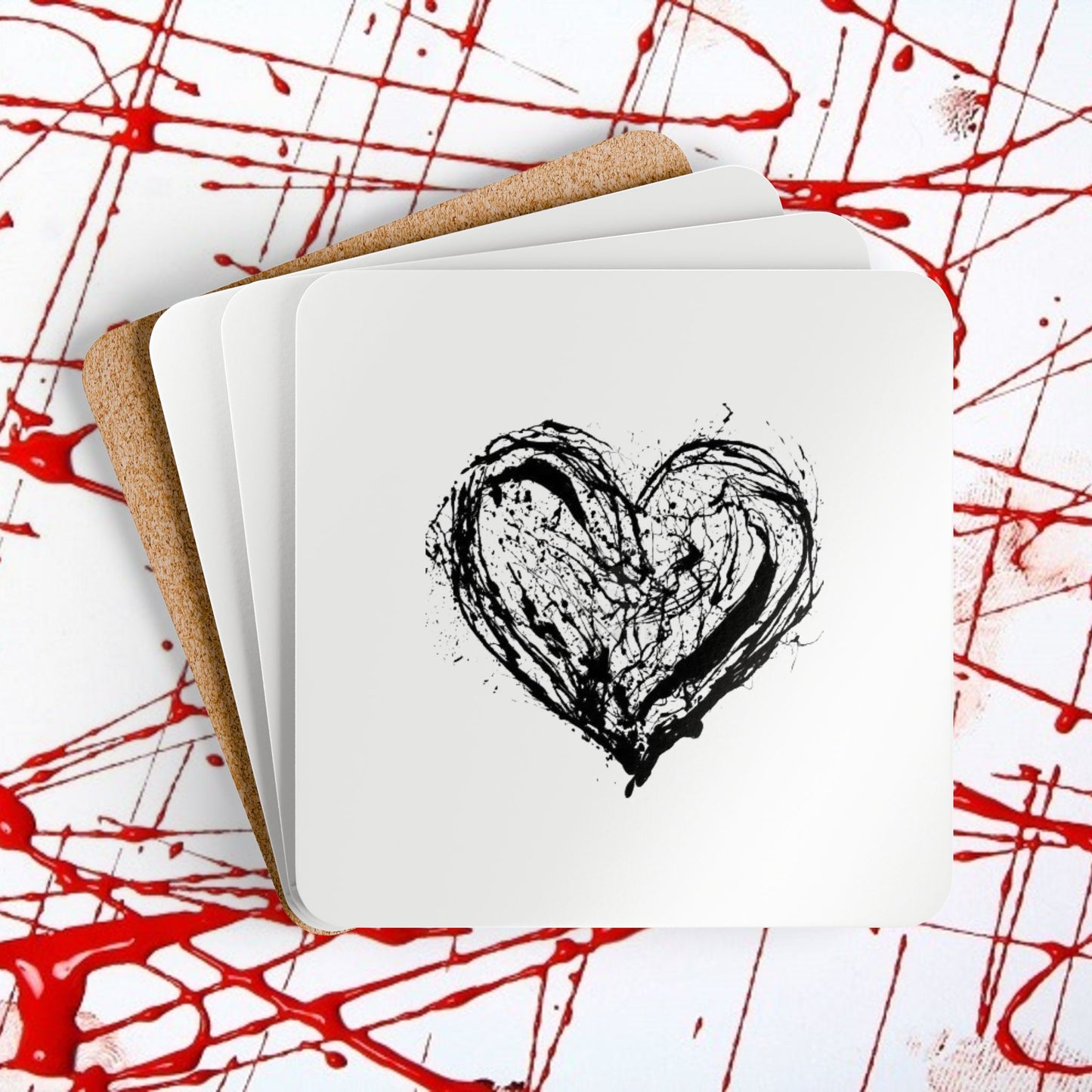 Black Grunge Heart Cork Coaster Set — Valentine Romantic Drink Coasters