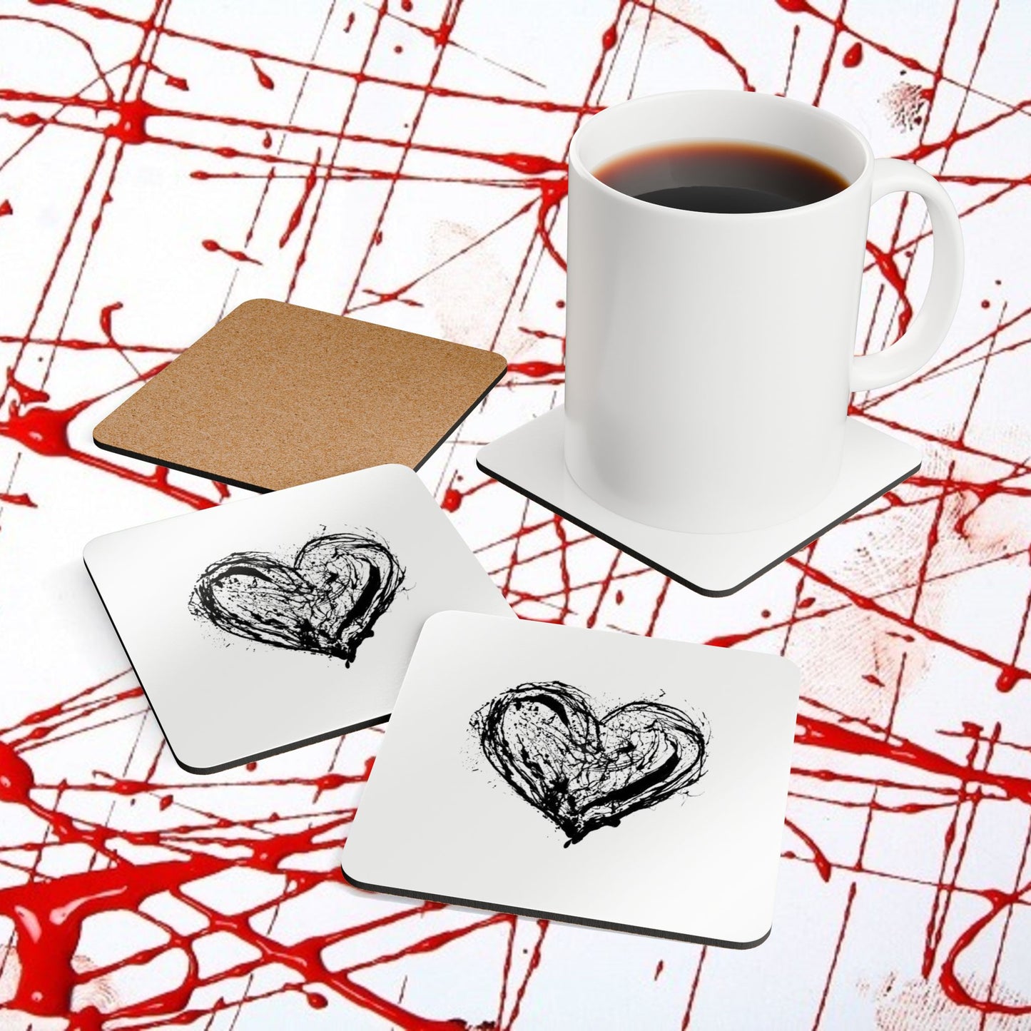 Black Grunge Heart Cork Coaster Set — Valentine Romantic Drink Coasters
