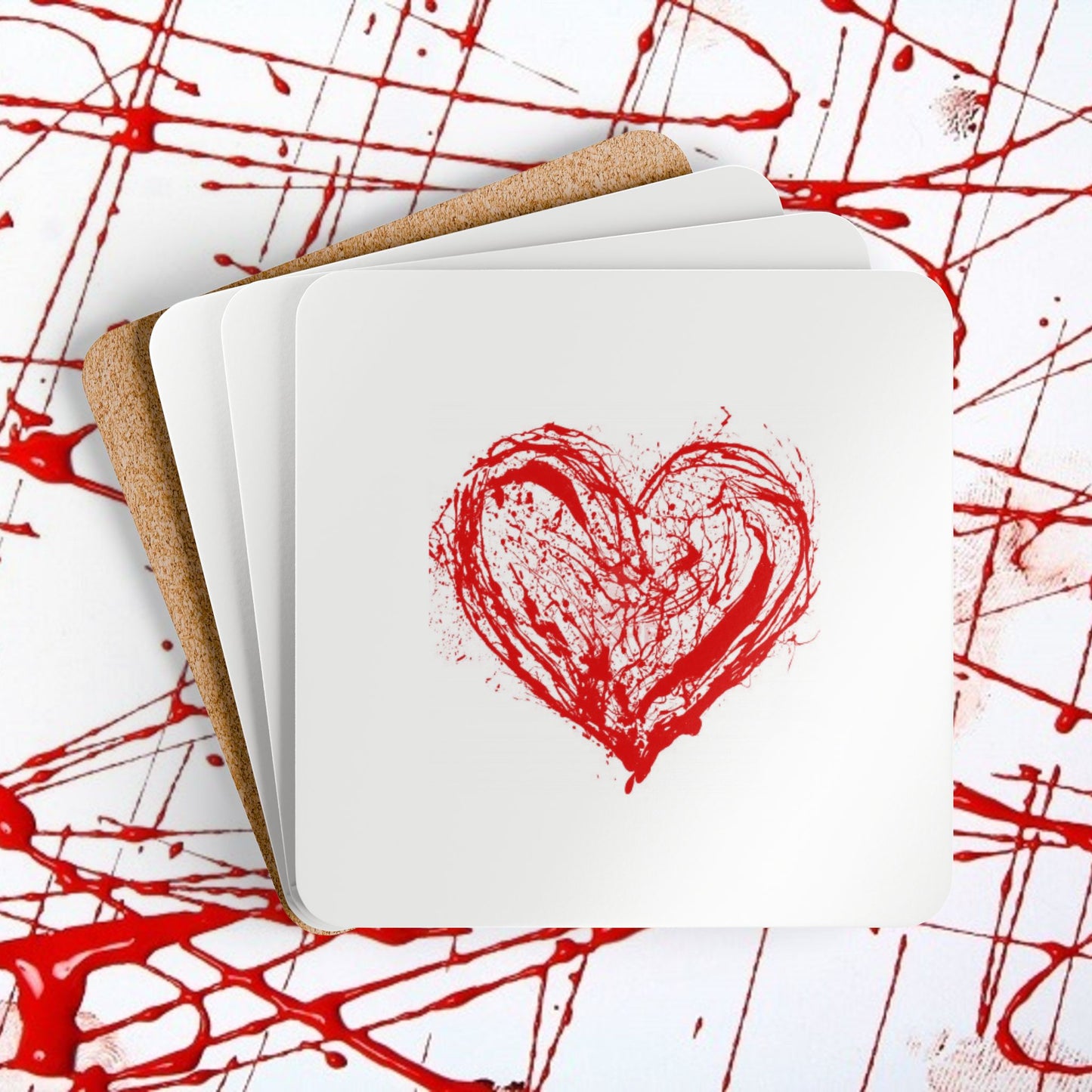 Red Grunge Heart Cork Coaster Set — Valentine Romantic Drink Coasters