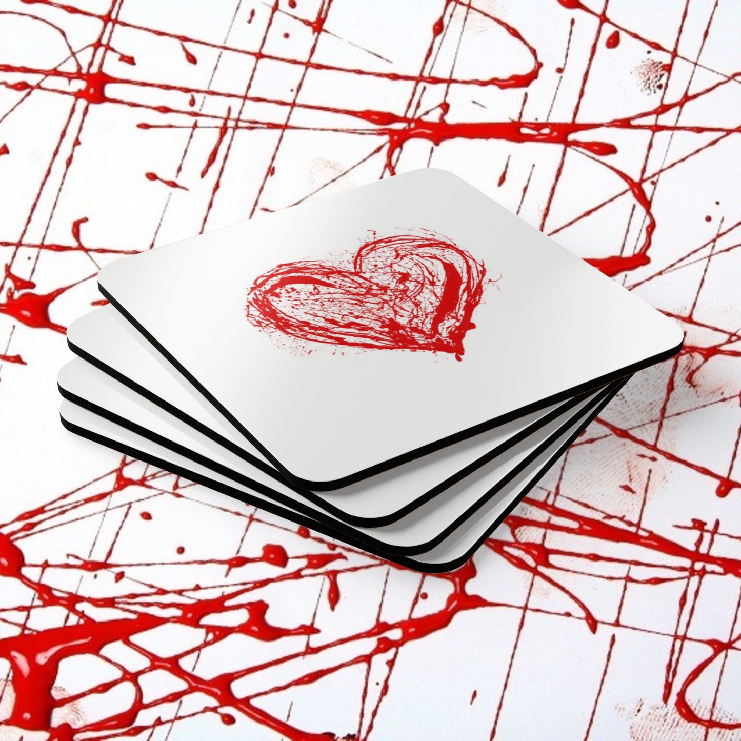 Red Grunge Heart Cork Coaster Set — Valentine Romantic Drink Coasters