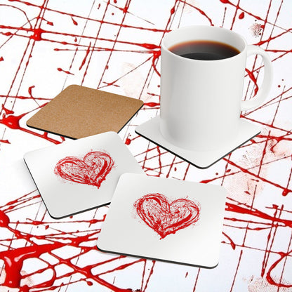Red Grunge Heart Cork Coaster Set — Valentine Romantic Drink Coasters